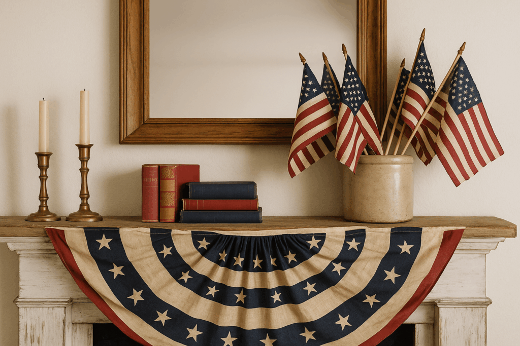 Fourth of July fireplace mantle with American flags, red and white candles, and patriotic garland in a cozy New England living room