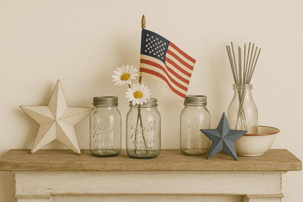 Rustic 4th of July fireplace mantle with vintage books, mason jars, soft linen bunting, and antique lanterns in a farmhouse setting