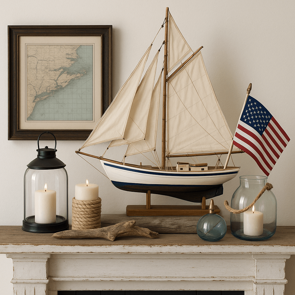 Nautical-inspired 4th of July mantle with rope garland, navy accents, and coastal lanterns in a white-washed cottage living room