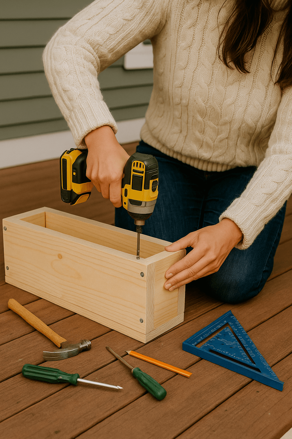 woman assembling a planter box